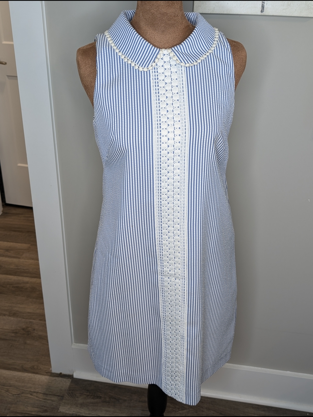 London Times Blue and White Striped Collared Dress with Lace Trim Size 6